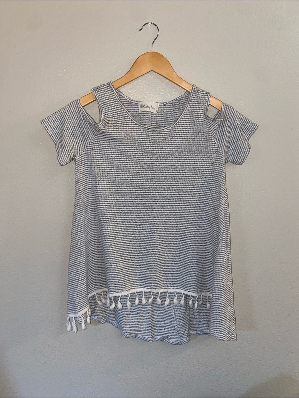 Paisley Kate Striped Cold Shoulder with Pom Pom Fringe Trim - Size Medium